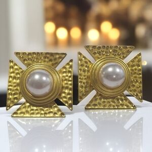 Luxury Runway Massive Maltese Cross Hammered Gold Pearl Earrings